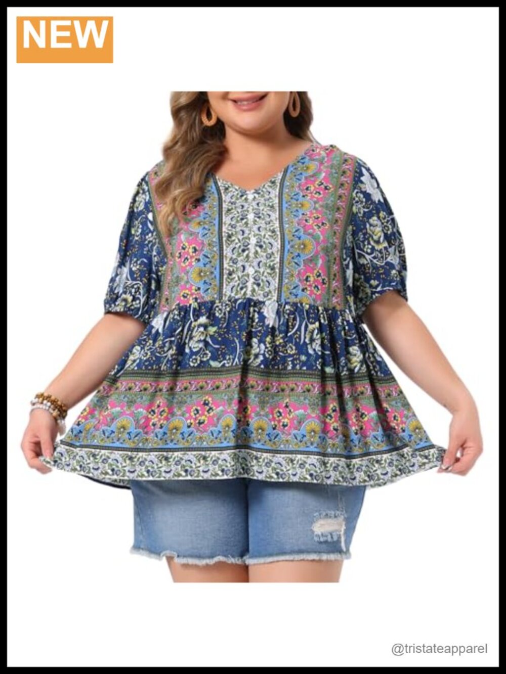 Plus Size Boho Floral Peplum Blouse V-Neck Short Sleeve Summer Top